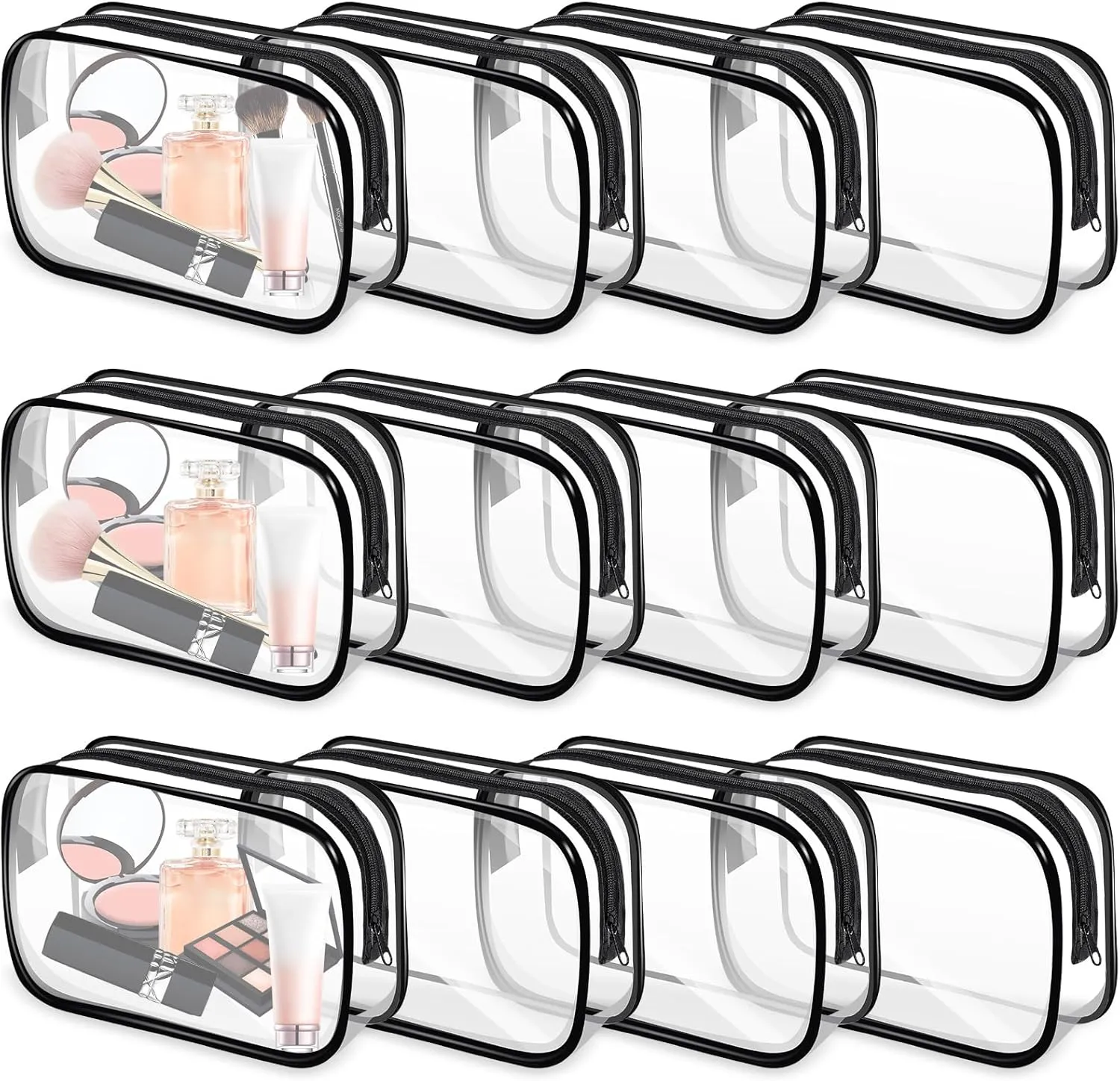 12 PCS Clear Makeup Bags,Clear Toiletry Bag,PVC Clear Cosmetic Bags with Zipper,Portable Transparent Toiletry Bags for Travel Women Men(Black,Large)