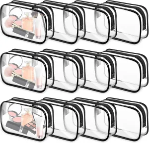 12 PCS Clear Makeup Bags,Clear Toiletry Bag,PVC Clear Cosmetic Bags with Zipper,Portable Transparent Toiletry Bags for Travel Women Men(Black,Large)