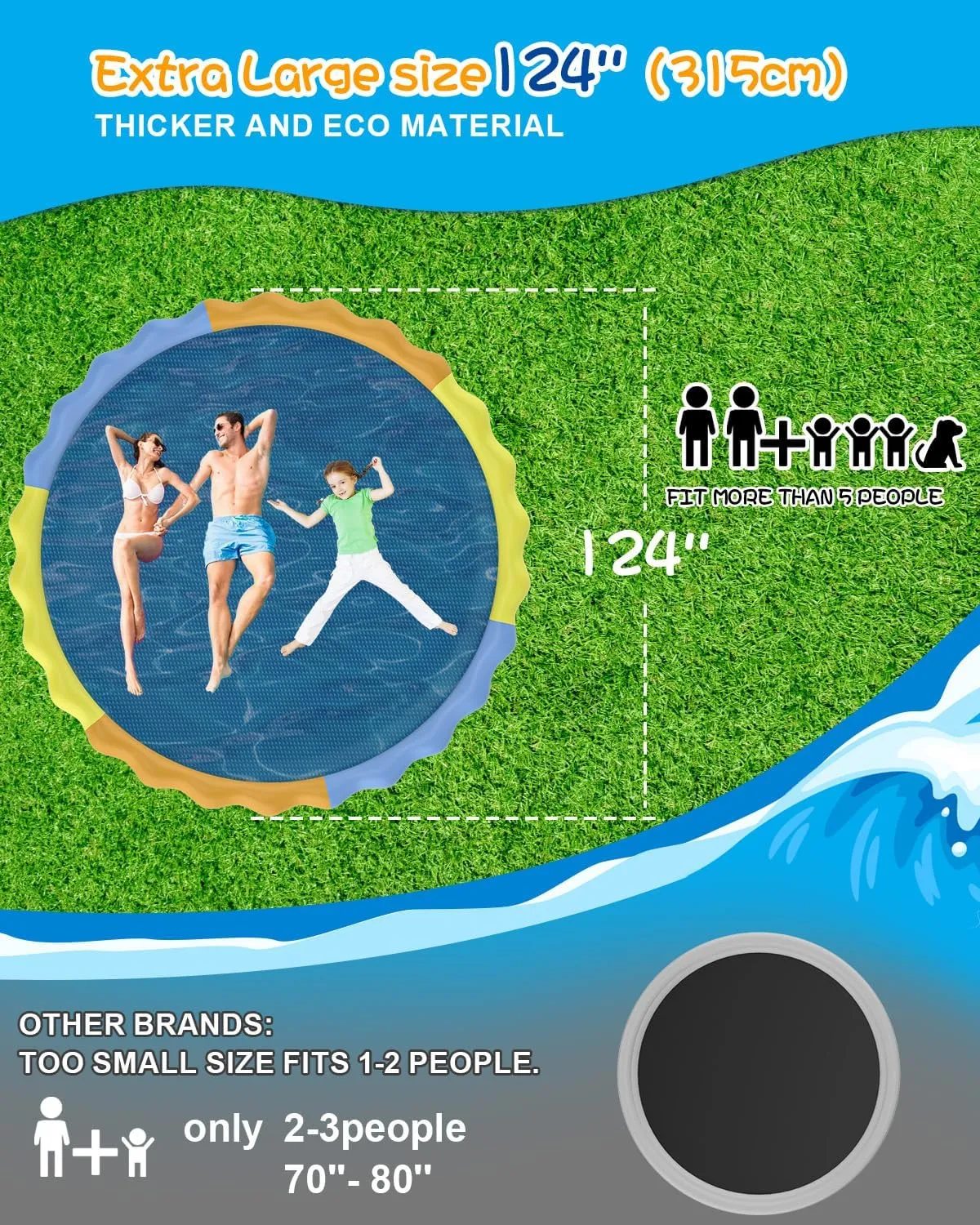 124" Large Splash Pad for Dog and Kids, 10.3FT Non-Slip Sprinkler Mat 1mm Thickened and Foldable Large Pool Summer Fun, Outdoor Water Toys for Dogs and Toddlers