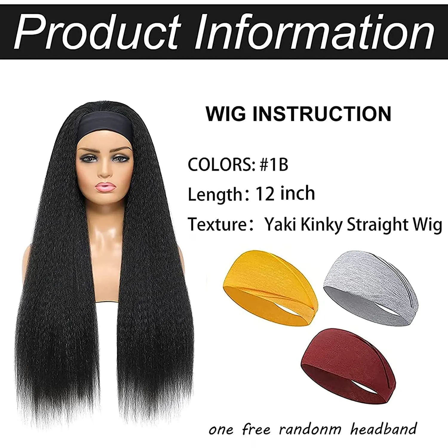 12Inch Kinky Straight Headband Wigs for Black Women None Lace Synthetic Hair Headband Wigs Long Yaki Straight Wigs Natural Hairline Glueless Wig Natural Black Color