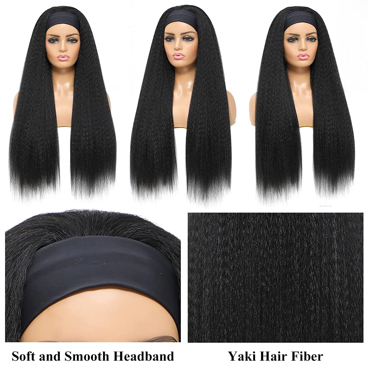 12Inch Kinky Straight Headband Wigs for Black Women None Lace Synthetic Hair Headband Wigs Long Yaki Straight Wigs Natural Hairline Glueless Wig Natural Black Color