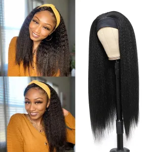 12Inch Kinky Straight Headband Wigs for Black Women None Lace Synthetic Hair Headband Wigs Long Yaki Straight Wigs Natural Hairline Glueless Wig Natural Black Color