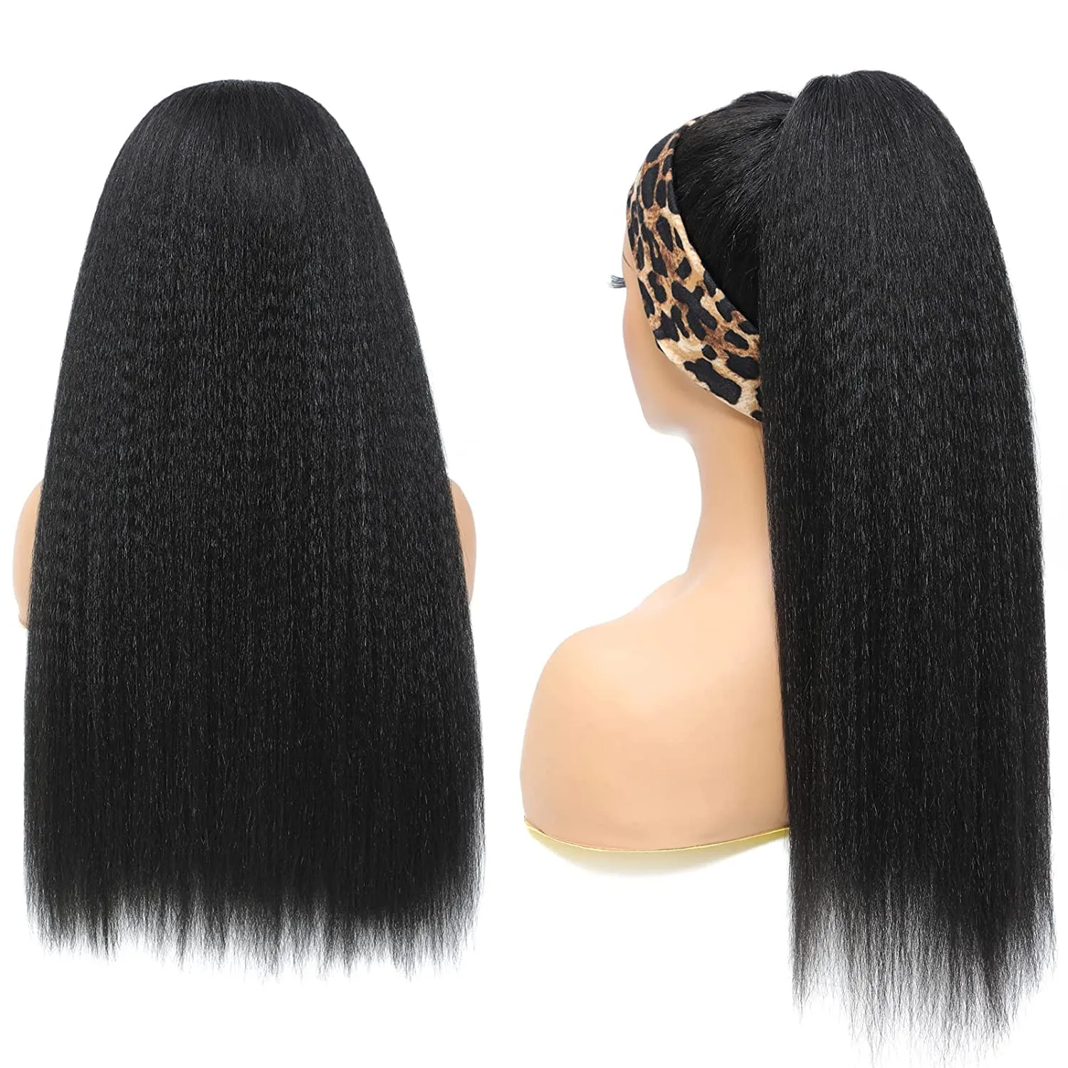 12Inch Kinky Straight Headband Wigs for Black Women None Lace Synthetic Hair Headband Wigs Long Yaki Straight Wigs Natural Hairline Glueless Wig Natural Black Color