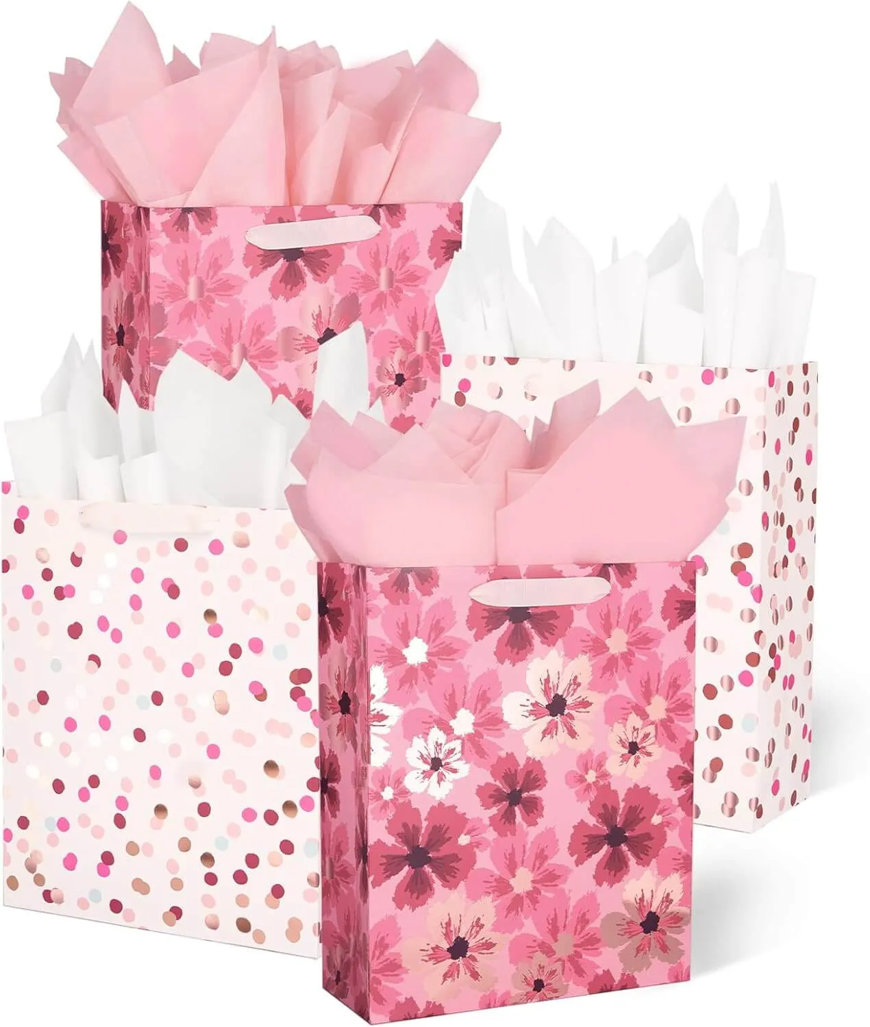 12Pcs Metallic Rose Gold Foil Floral Polka Dot Gift Bags Bulk with Tissue Paper