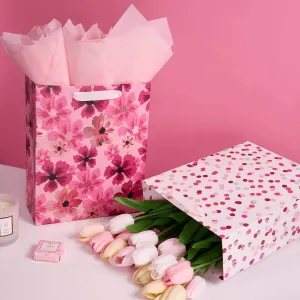12Pcs Metallic Rose Gold Foil Floral Polka Dot Gift Bags Bulk with Tissue Paper