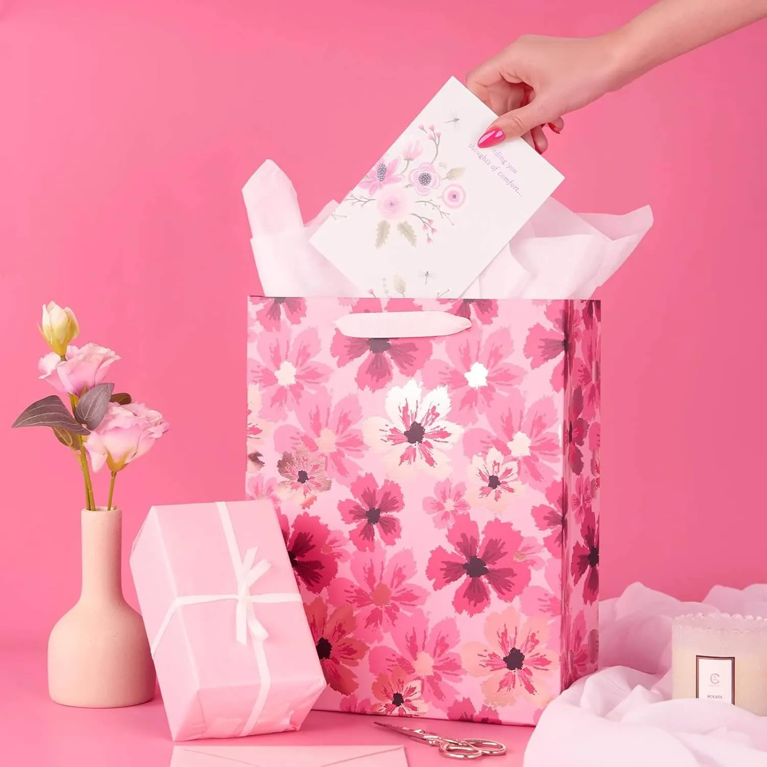12Pcs Metallic Rose Gold Foil Floral Polka Dot Gift Bags Bulk with Tissue Paper