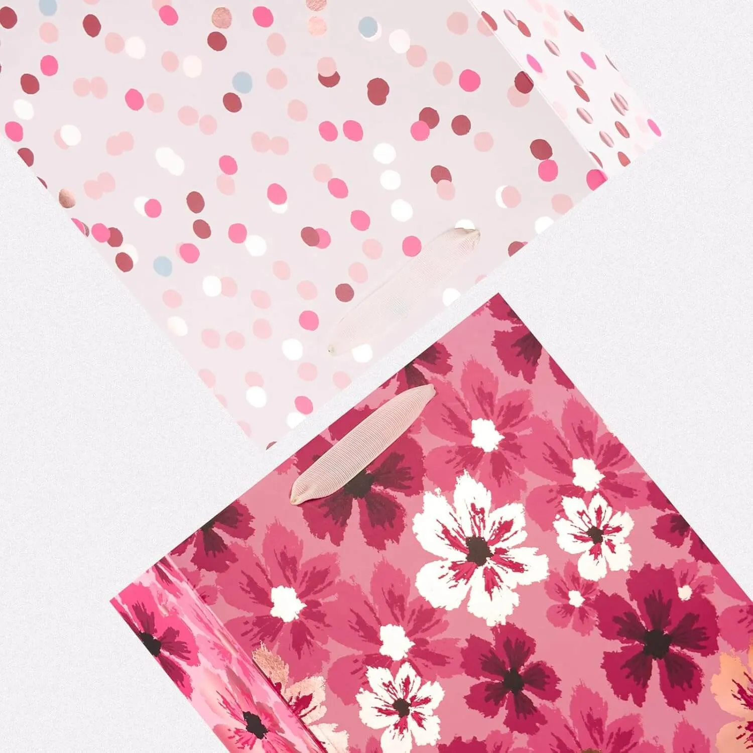 12Pcs Metallic Rose Gold Foil Floral Polka Dot Gift Bags Bulk with Tissue Paper