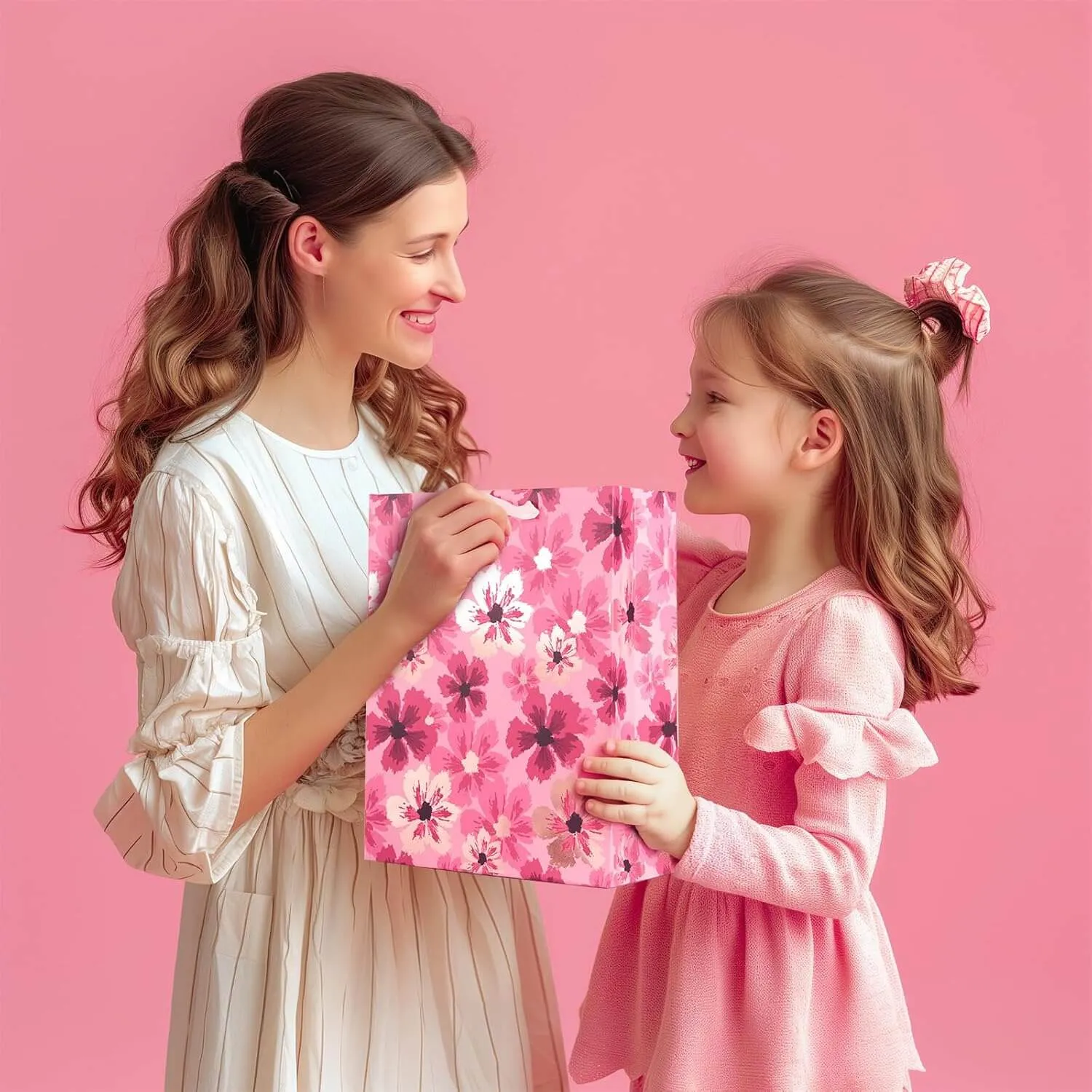 12Pcs Metallic Rose Gold Foil Floral Polka Dot Gift Bags Bulk with Tissue Paper