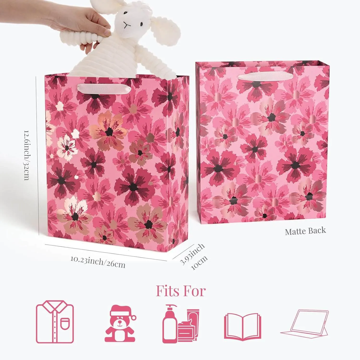 12Pcs Metallic Rose Gold Foil Floral Polka Dot Gift Bags Bulk with Tissue Paper