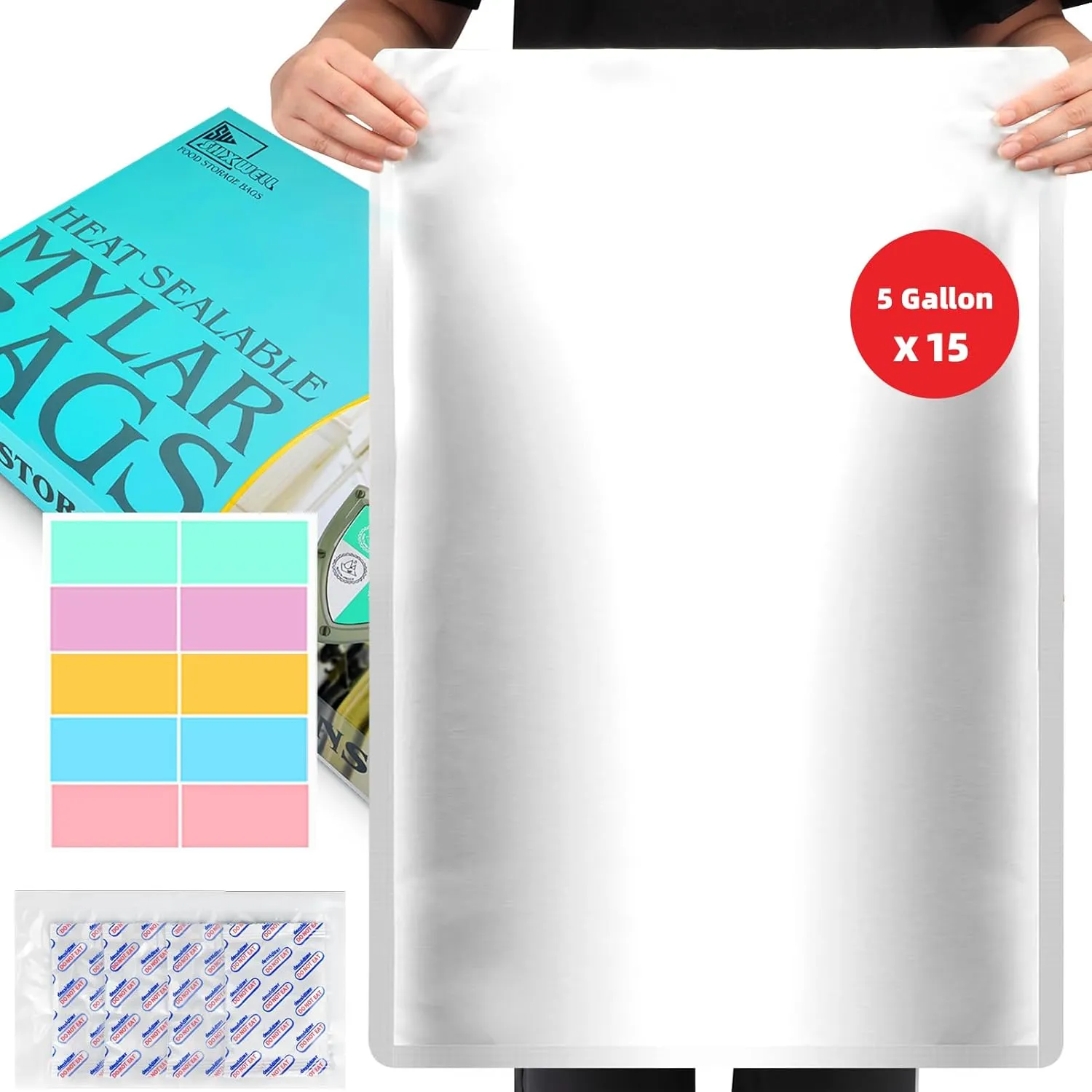 15PCS 5 Gallon Mylar Bags with 2500CC Oxygen Absorbers & Labels, 10.5 Mil Thick 17"x 27" Vacuum Sealer Bags Heat Sealable Bags for Long Term Food Storage
