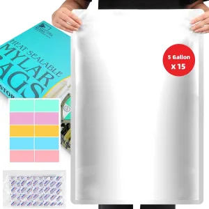 15PCS 5 Gallon Mylar Bags with 2500CC Oxygen Absorbers & Labels, 10.5 Mil Thick 17"x 27" Vacuum Sealer Bags Heat Sealable Bags for Long Term Food Storage