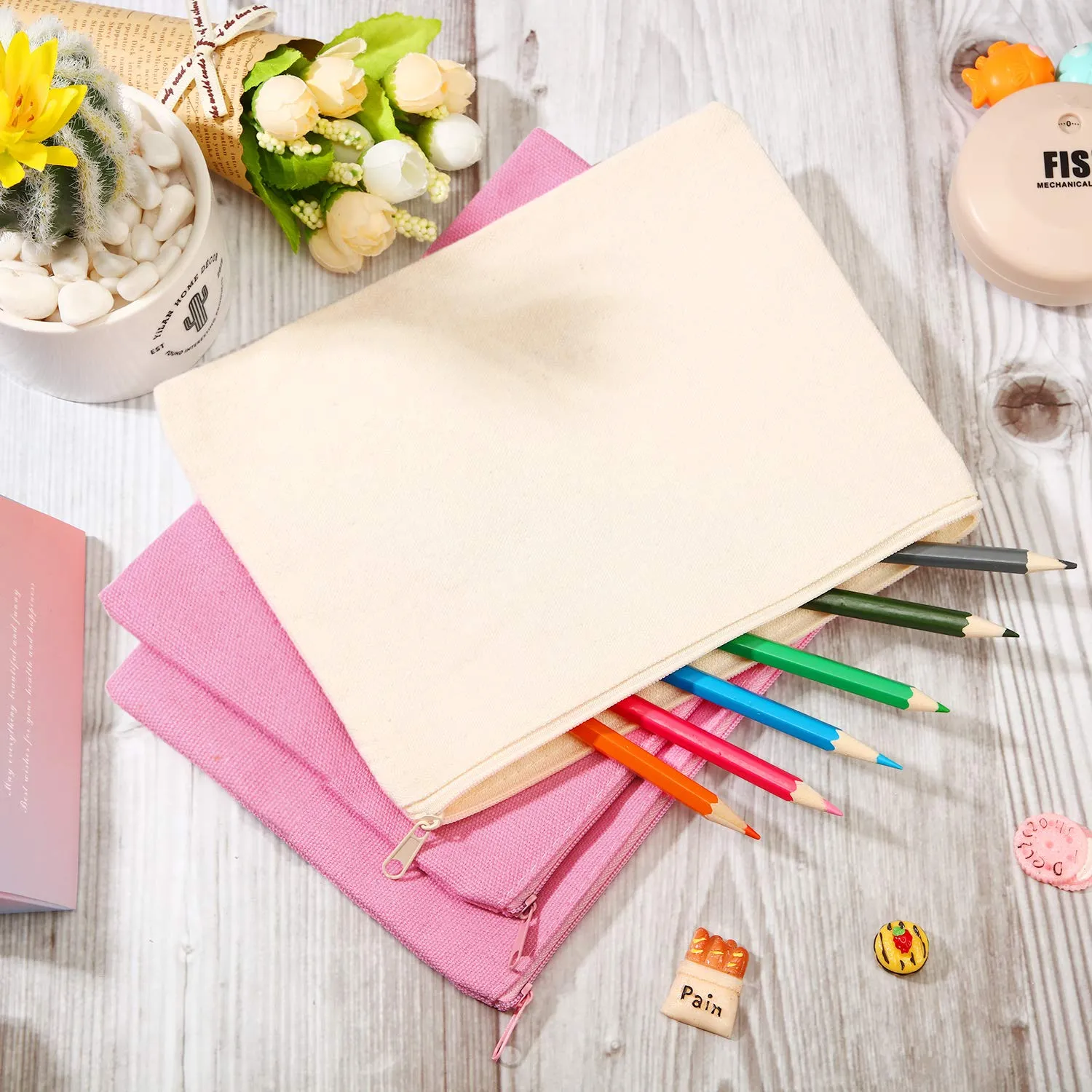 16 Pack Canvas Blank Cosmetics Bag Multi-Purpose Zipper Canvas Makeup Pouches Travel Toiletry Pouches Pen Pencil Plain DIY Craft Bag(L,Beige and Pink)
