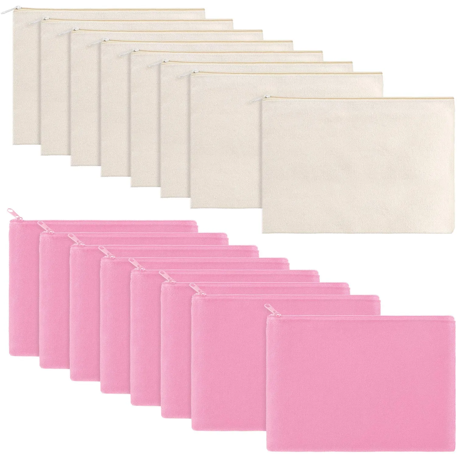16 Pack Canvas Blank Cosmetics Bag Multi-Purpose Zipper Canvas Makeup Pouches Travel Toiletry Pouches Pen Pencil Plain DIY Craft Bag(L,Beige and Pink)