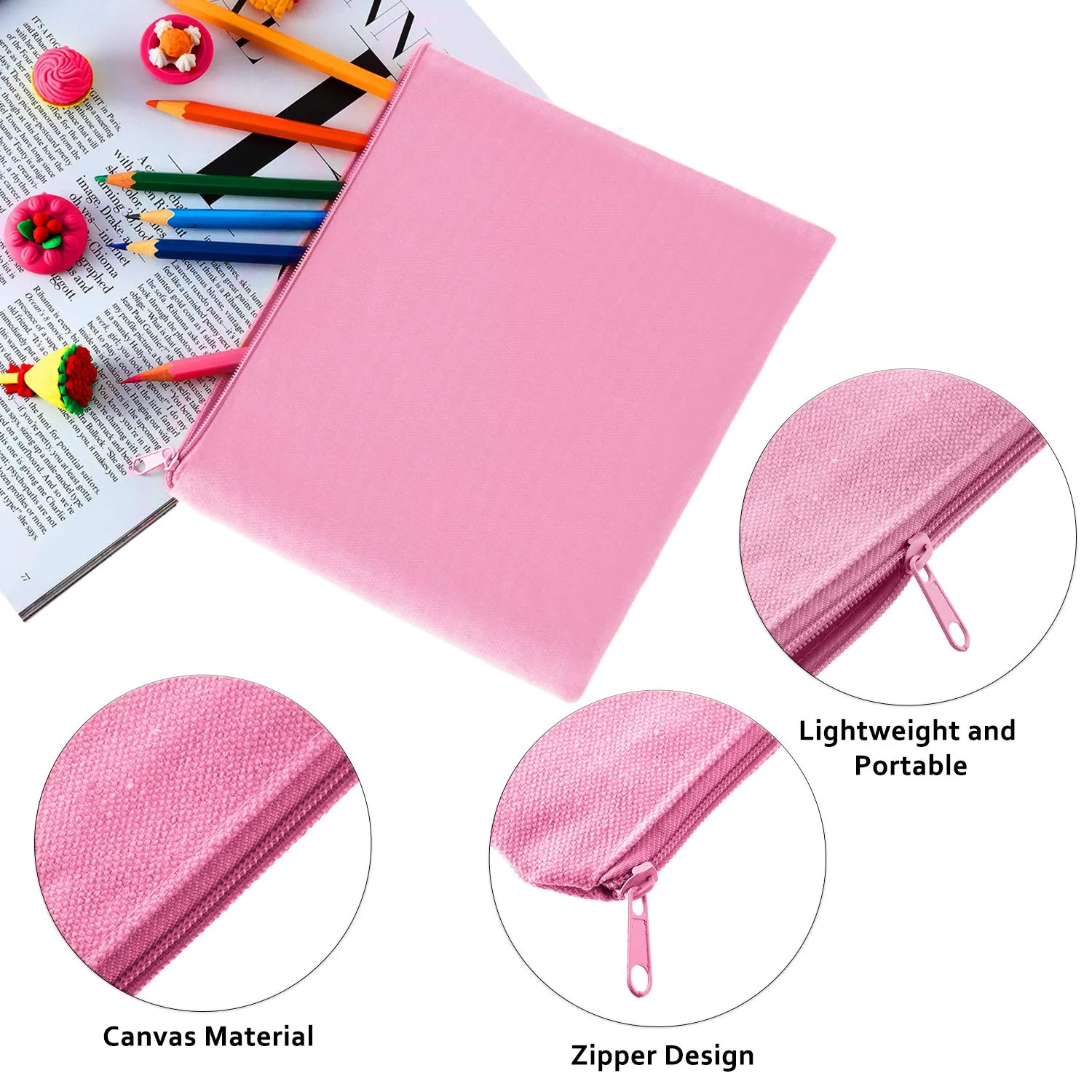 16 Pack Canvas Blank Cosmetics Bag Multi-Purpose Zipper Canvas Makeup Pouches Travel Toiletry Pouches Pen Pencil Plain DIY Craft Bag(L,Beige and Pink)