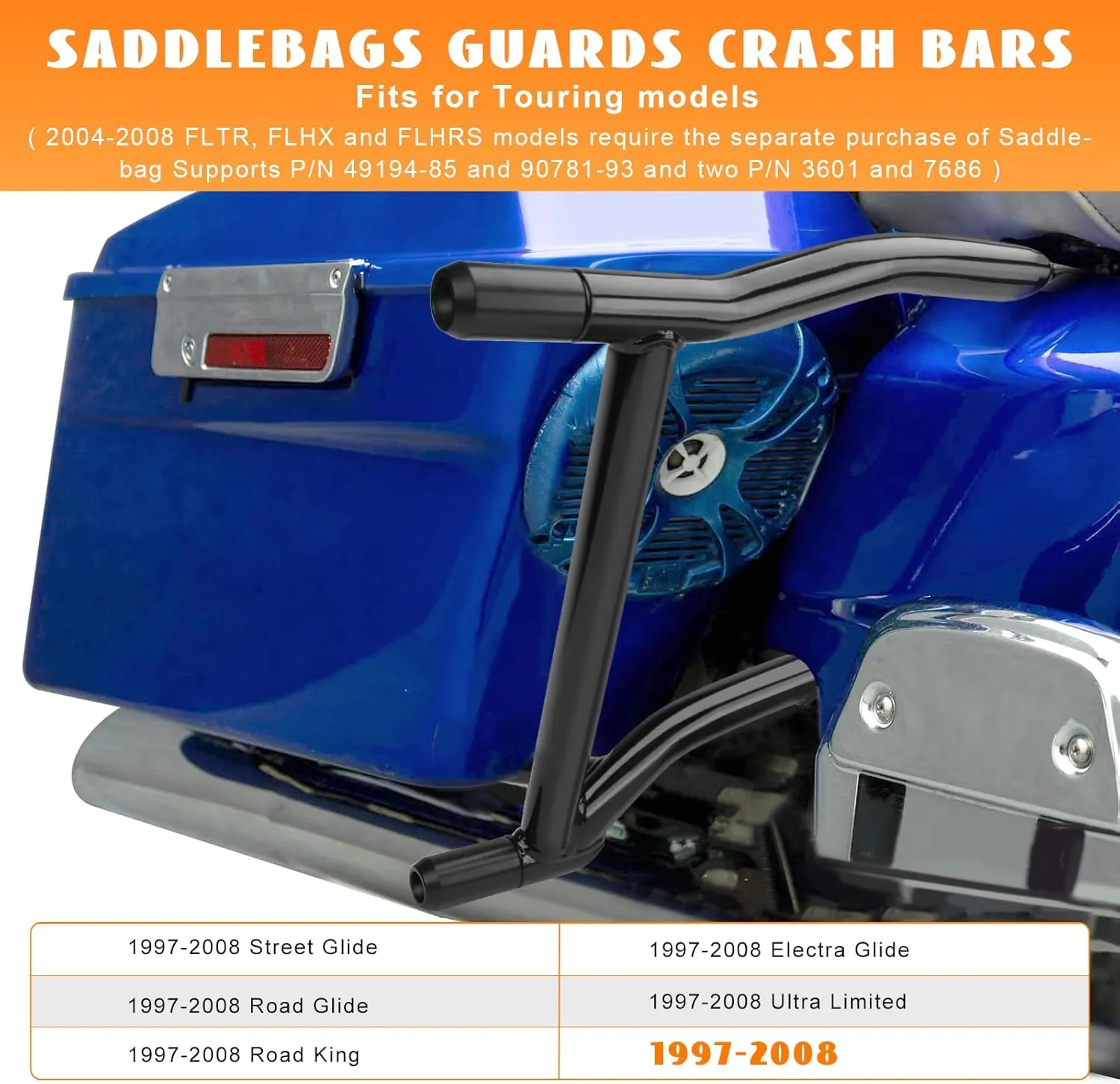 1997-2008 Saddlebag Guards Tip-Over Crash Bars Rails Rear Saddle Bag Support Bracket Protection Kit Fit for Harley Touring Street Glide Road Glide Road King Electra Glide Ultra Limited