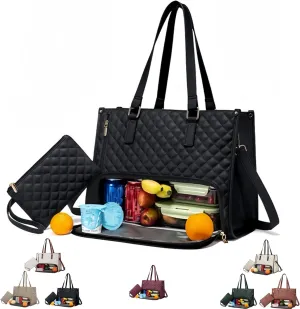 2 in 1 Tote Bag Lunch Bag Combo for Women, Handbag with Purse for Business, Work, Nurse, Office, Collage, Casual (Black)