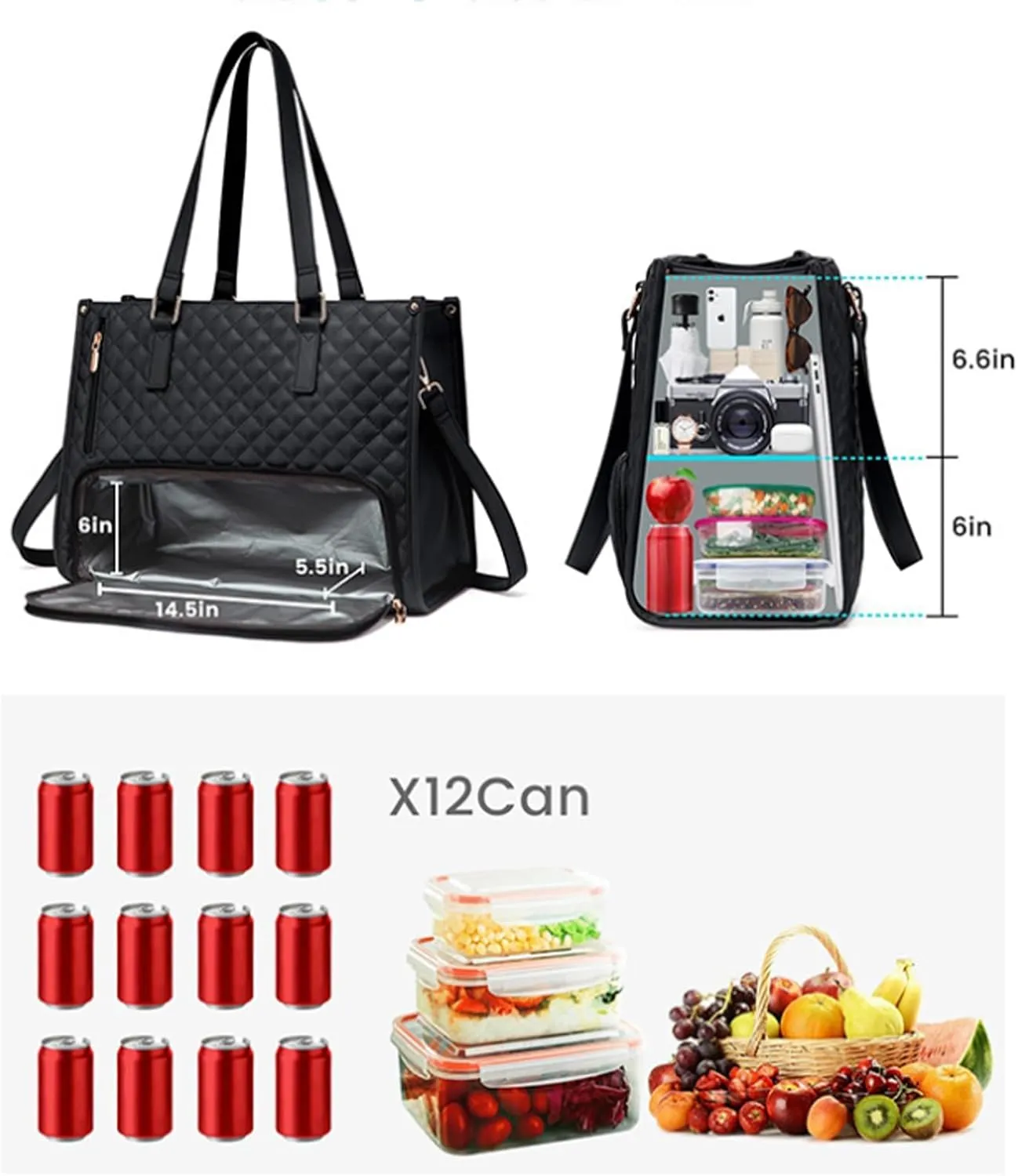 2 in 1 Tote Bag Lunch Bag Combo for Women, Handbag with Purse for Business, Work, Nurse, Office, Collage, Casual (Black)