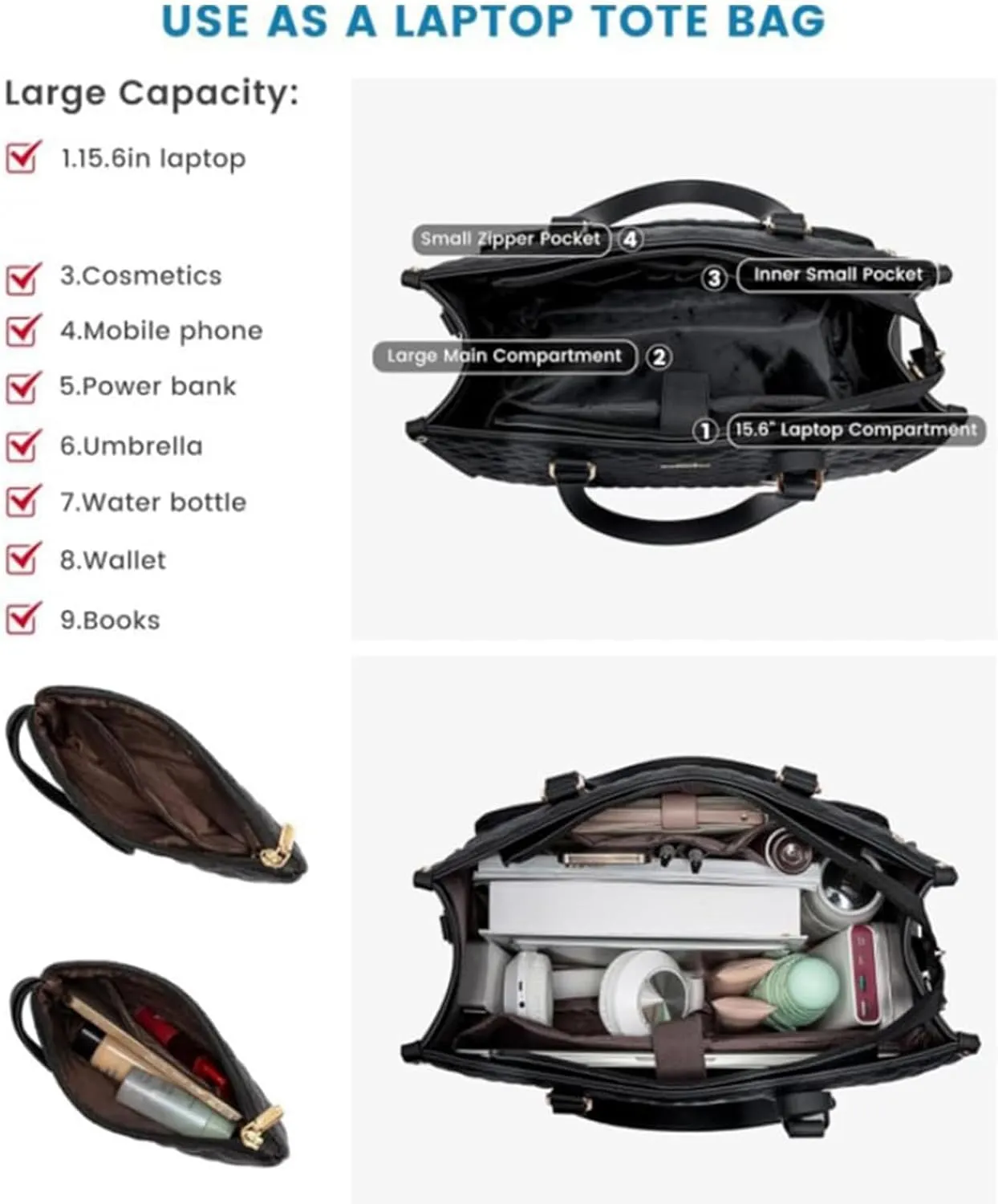 2 in 1 Tote Bag Lunch Bag Combo for Women, Handbag with Purse for Business, Work, Nurse, Office, Collage, Casual (Black)