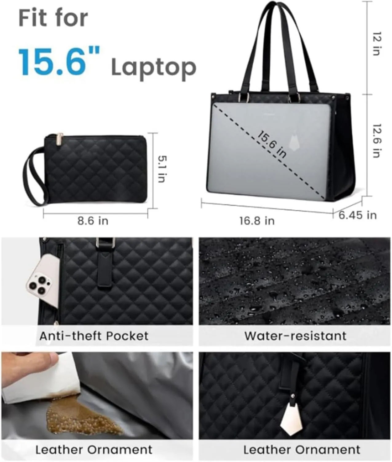 2 in 1 Tote Bag Lunch Bag Combo for Women, Handbag with Purse for Business, Work, Nurse, Office, Collage, Casual (Black)