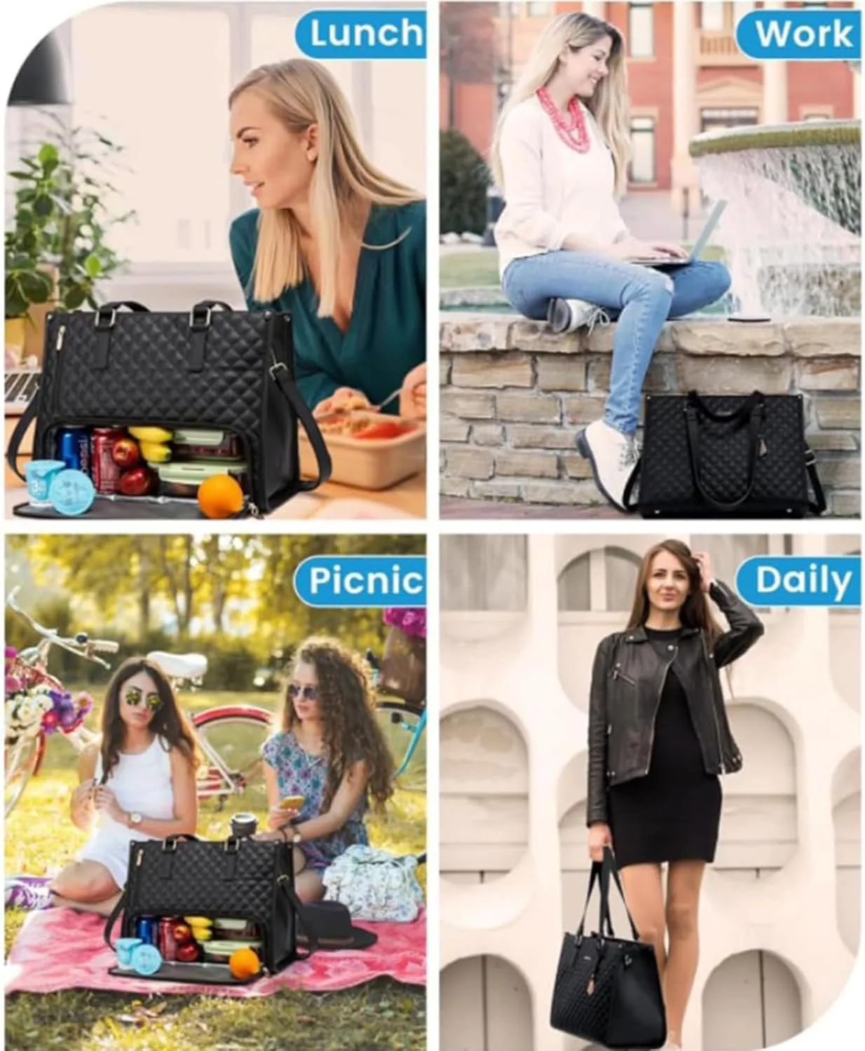 2 in 1 Tote Bag Lunch Bag Combo for Women, Handbag with Purse for Business, Work, Nurse, Office, Collage, Casual (Black)