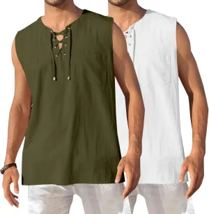 2 Pack Linen Shirts for Men Sleeveless Lace Up V Neck Tank Tops with Chest Pocket Casual Summer Beach Henley Shirt