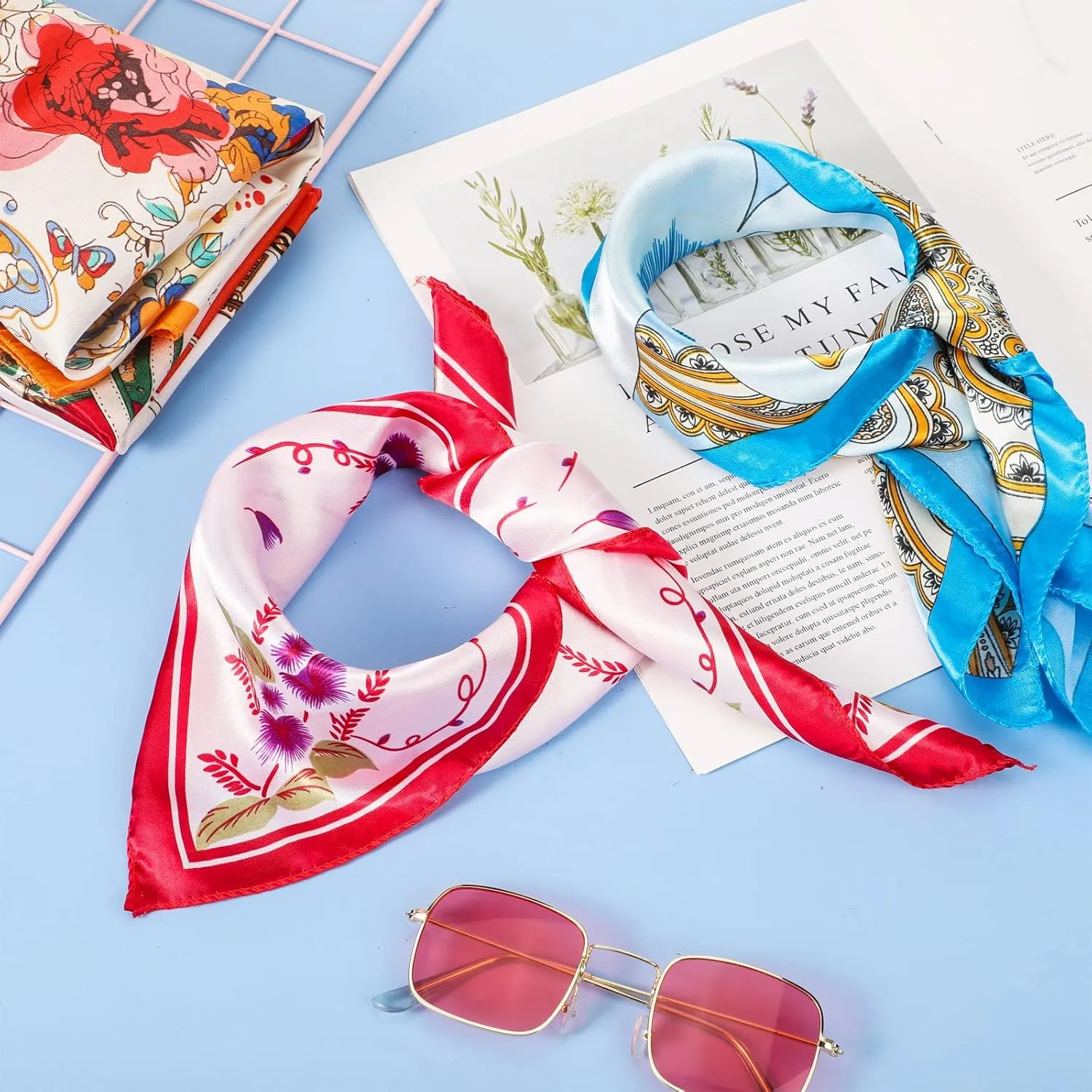 20 Pieces Women Satin Square Scarf Mixed Color Small Silk Neck Scarf for Women Girls Favors, Random Color