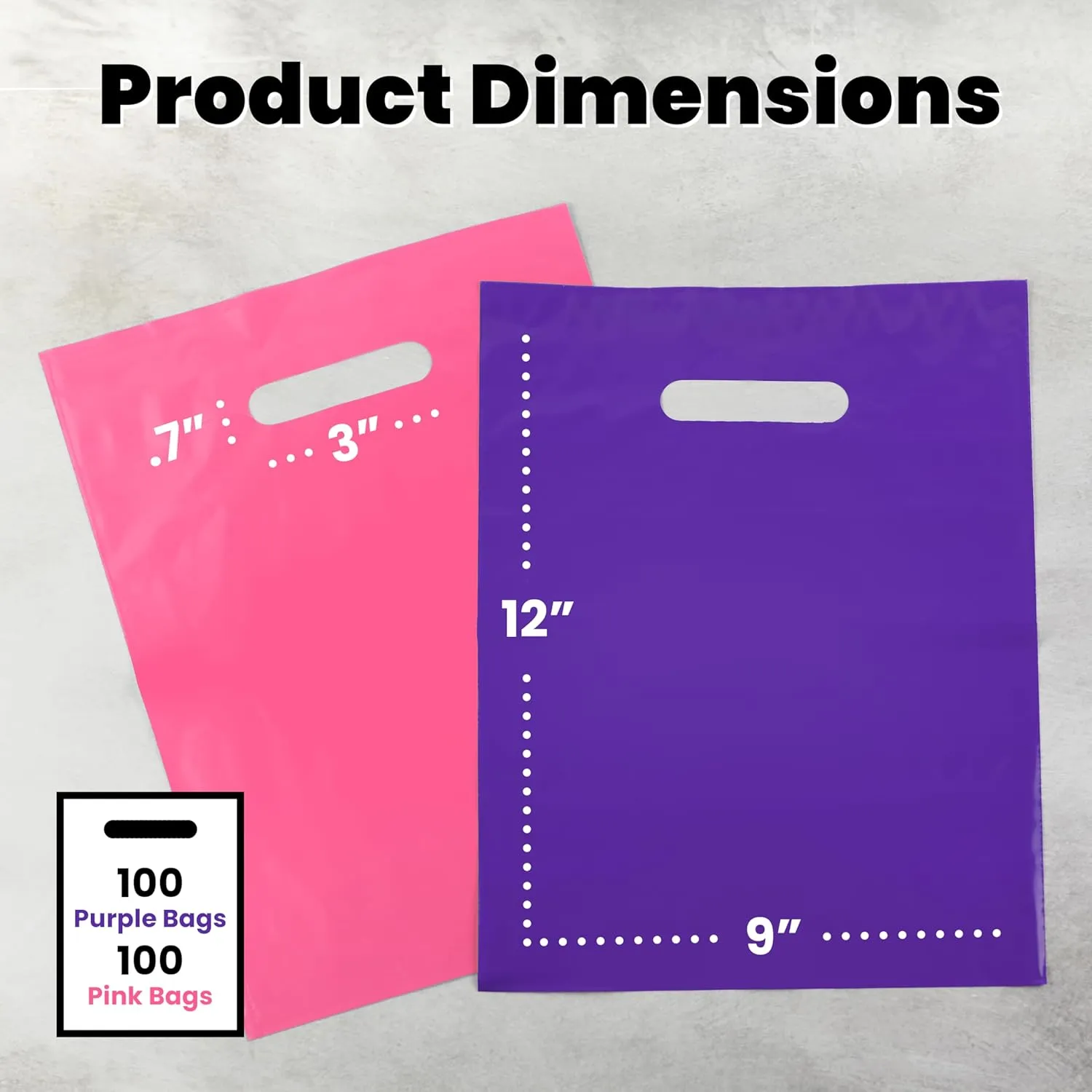 200 Pink and Purple Glossy Merchandise Bags, Shopping Bags, 9” X 12” with Die Cut Handle, No Gusset, 1.25 Mil.