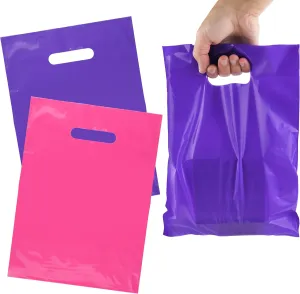 200 Pink and Purple Glossy Merchandise Bags, Shopping Bags, 9” X 12” with Die Cut Handle, No Gusset, 1.25 Mil.