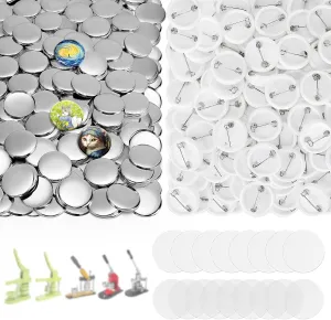 200 Sets 1 Inch Button Maker Supplies, 25mm Round Badge Parts with Metal Covers, Plastic Pin Backs, Clear Film & Blank Paper, Perfect for Button Maker Machine & Badge Press