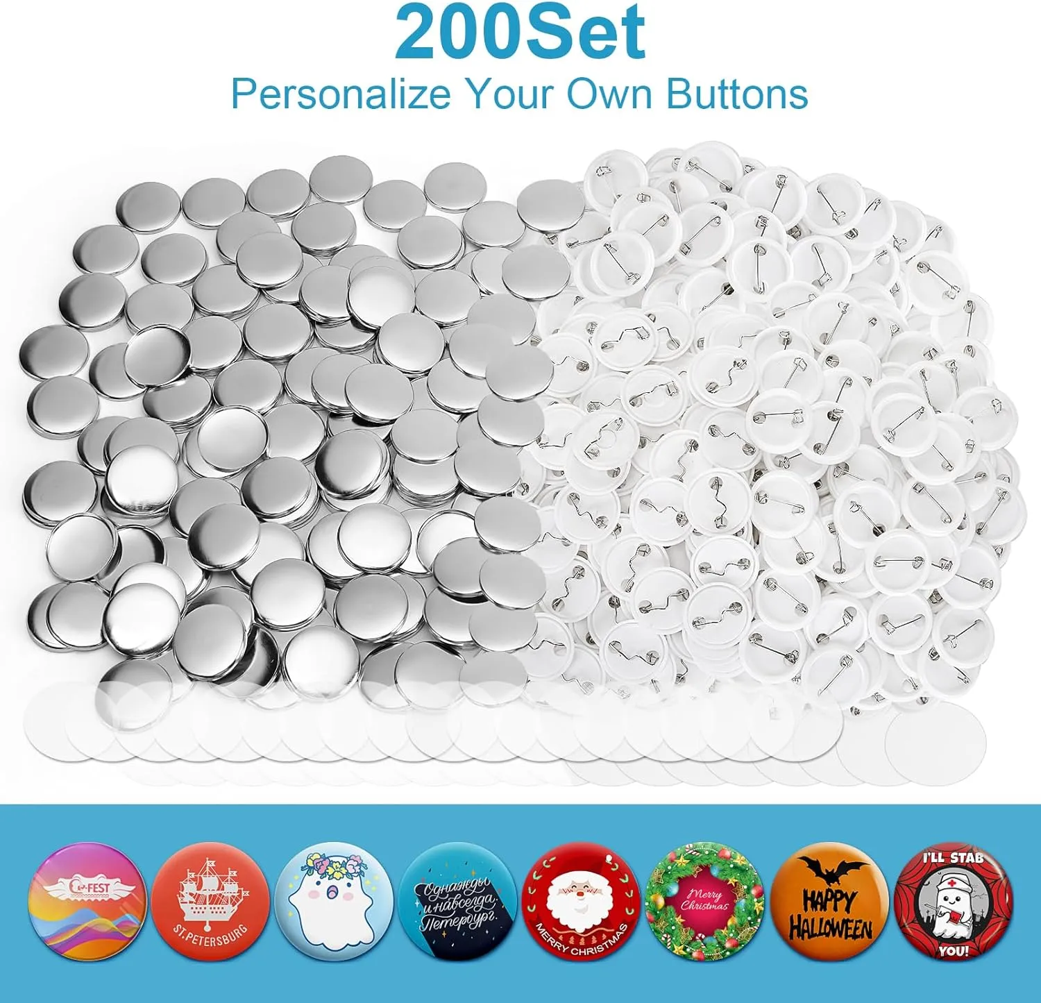200 Sets 1 Inch Button Maker Supplies, 25mm Round Badge Parts with Metal Covers, Plastic Pin Backs, Clear Film & Blank Paper, Perfect for Button Maker Machine & Badge Press