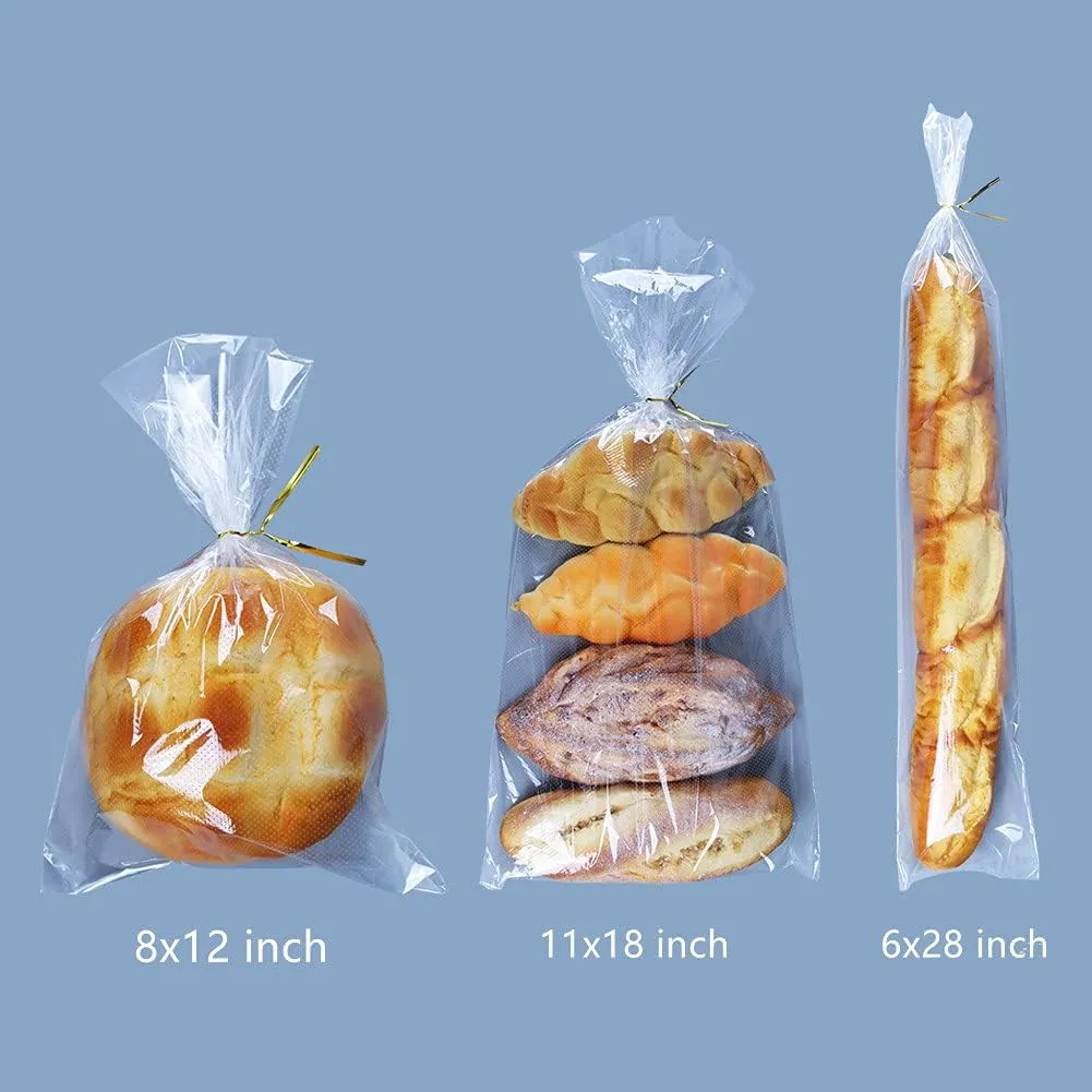 200Pcs 11 x 18 Inch Bottom Gusset Bread Bags with Ties, Clear Plastic Micro Perforated Bags for Homemade Bread and Bakery Loaf Baugette - Thickened, Freezer Safe