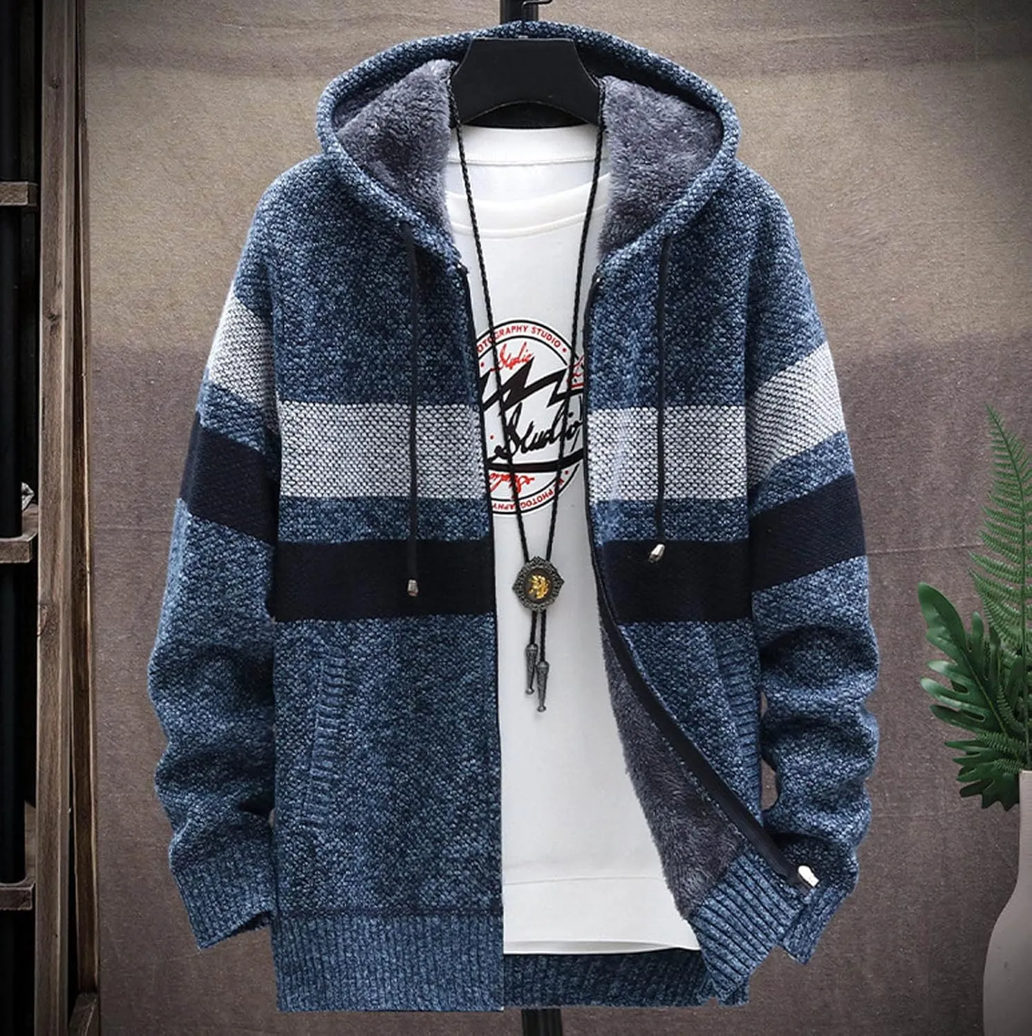 2024 Fashion Knitwear for Men's Sweater Coat Retro Lapel Button Plus Size Cable Knited Cardigan Henley Sweater