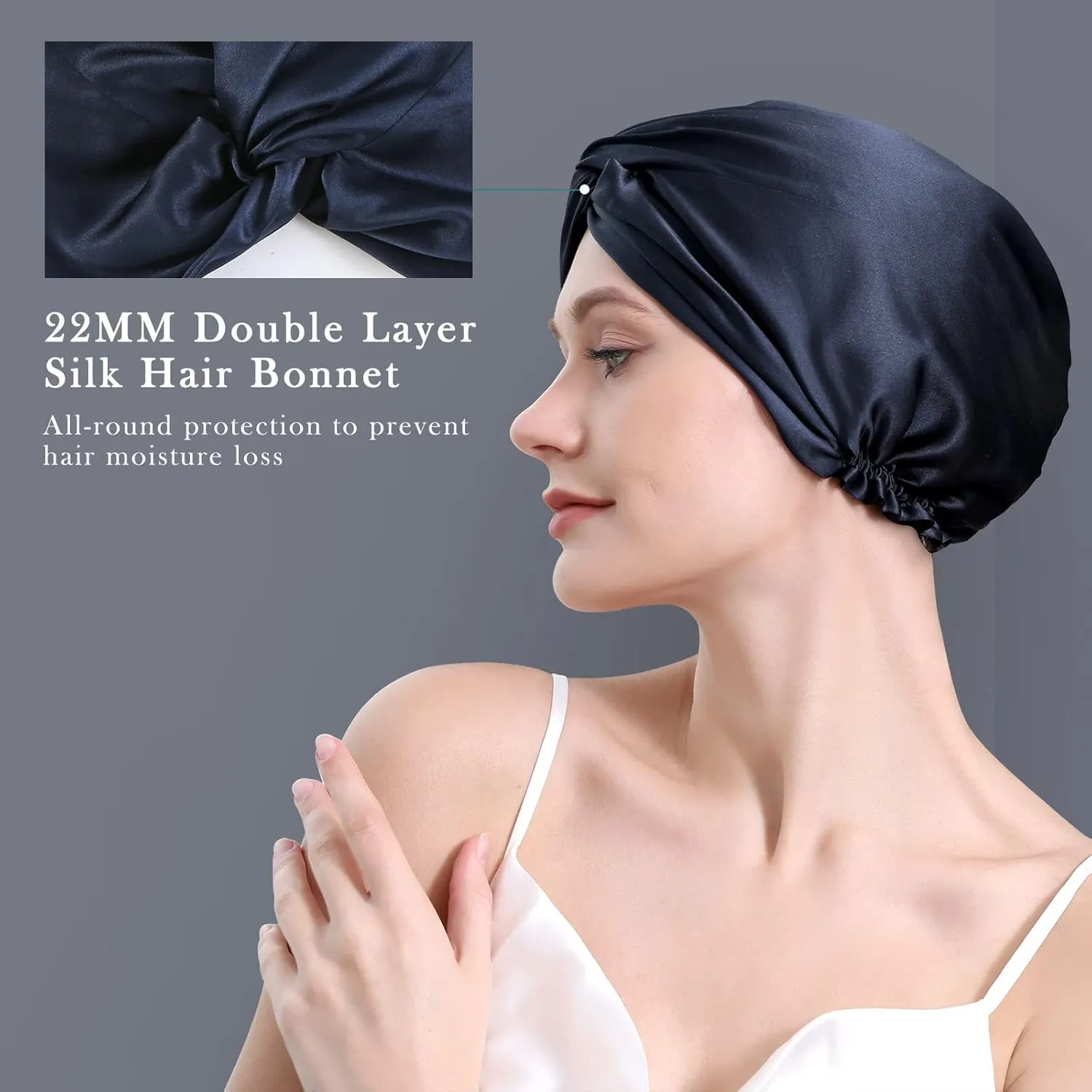 22 Momme 100 Pure Mulberry Silk Hair Bonnet for Sleeping Double Layered Silk Hair Wrap for Women with Elastic Stay On Head, Navy