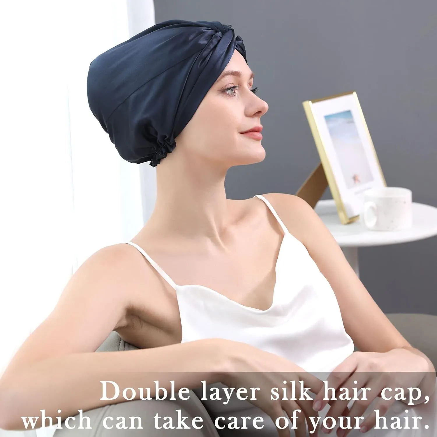 22 Momme 100 Pure Mulberry Silk Hair Bonnet for Sleeping Double Layered Silk Hair Wrap for Women with Elastic Stay On Head, Navy