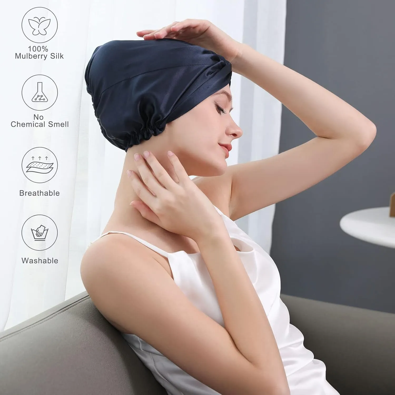 22 Momme 100 Pure Mulberry Silk Hair Bonnet for Sleeping Double Layered Silk Hair Wrap for Women with Elastic Stay On Head, Navy