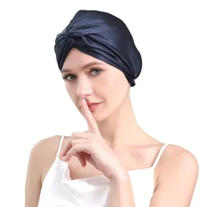 22 Momme 100 Pure Mulberry Silk Hair Bonnet for Sleeping Double Layered Silk Hair Wrap for Women with Elastic Stay On Head, Navy