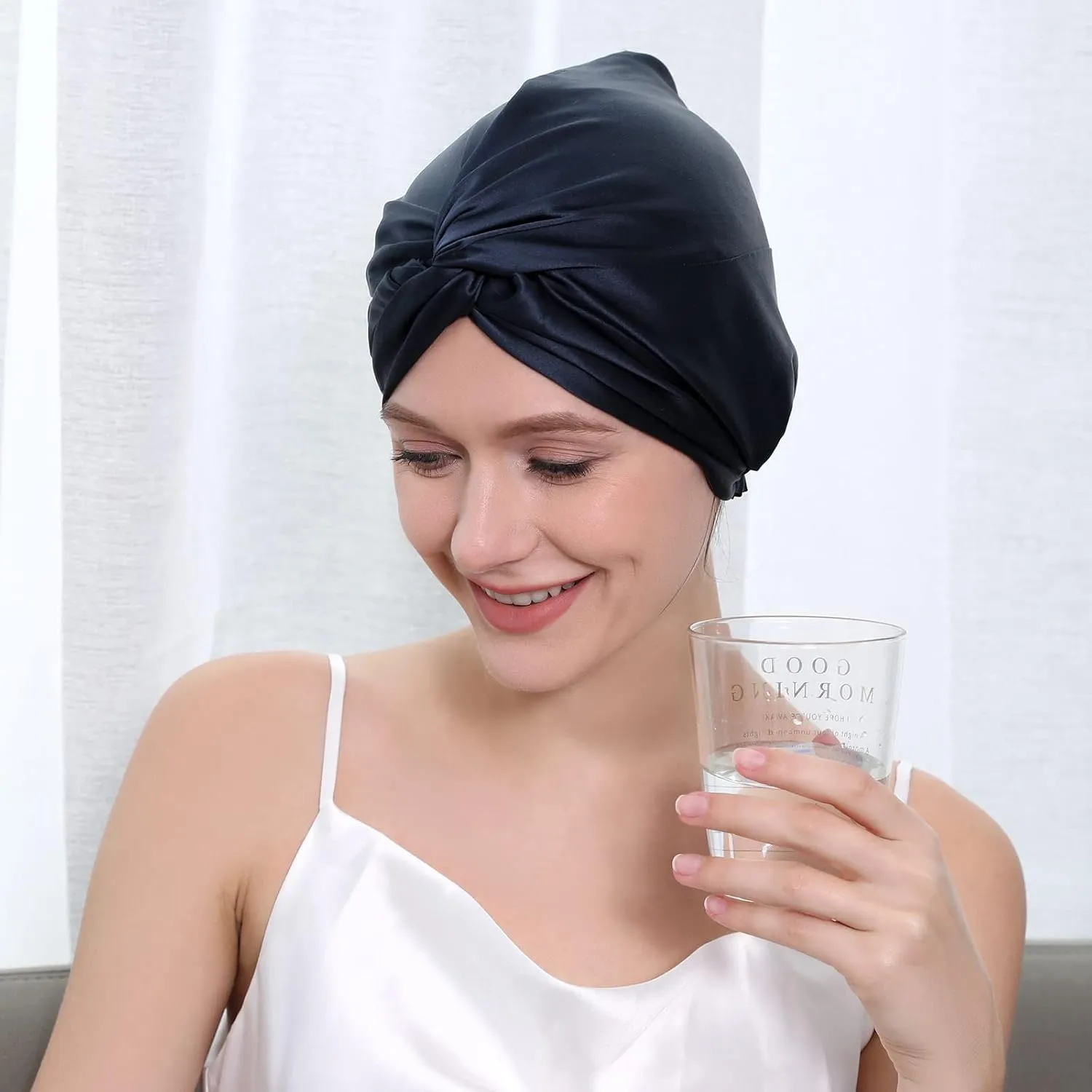 22 Momme 100 Pure Mulberry Silk Hair Bonnet for Sleeping Double Layered Silk Hair Wrap for Women with Elastic Stay On Head, Navy