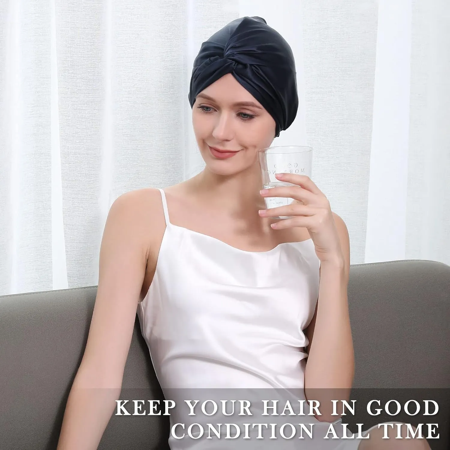 22 Momme 100 Pure Mulberry Silk Hair Bonnet for Sleeping Double Layered Silk Hair Wrap for Women with Elastic Stay On Head, Navy