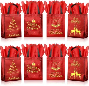 24 Pack Christmas Gift Bags with Tissues, Red Medium Reusable Christmas Tote Bags with Handles, Metallic Gold Foil Goodie Bags Non Woven Gift Bags Bulk for Christmas Holiday Party Favors, 5x8x10 Inch