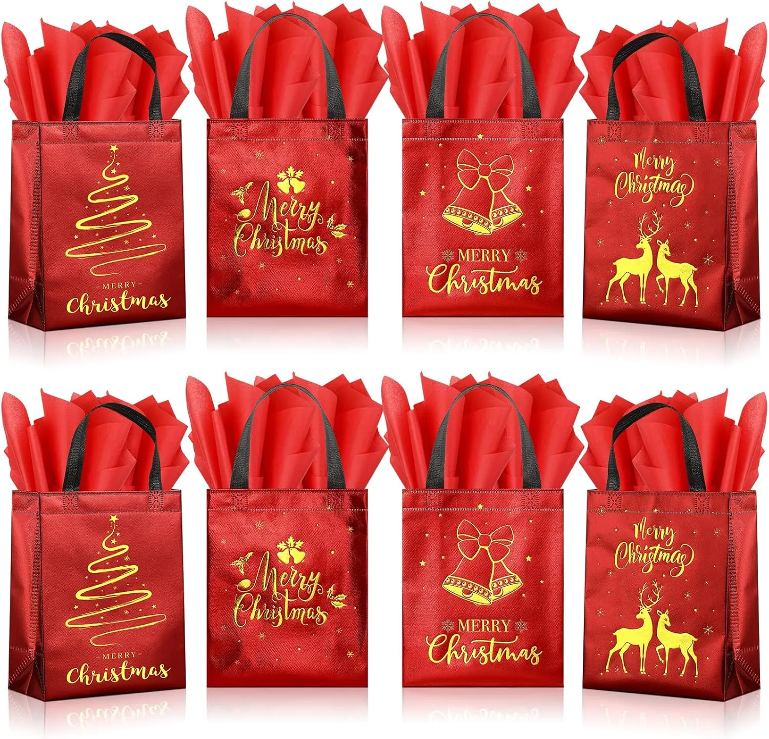 24 Pack Christmas Gift Bags with Tissues, Red Medium Reusable Christmas Tote Bags with Handles, Metallic Gold Foil Goodie Bags Non Woven Gift Bags Bulk for Christmas Holiday Party Favors, 5x8x10 Inch
