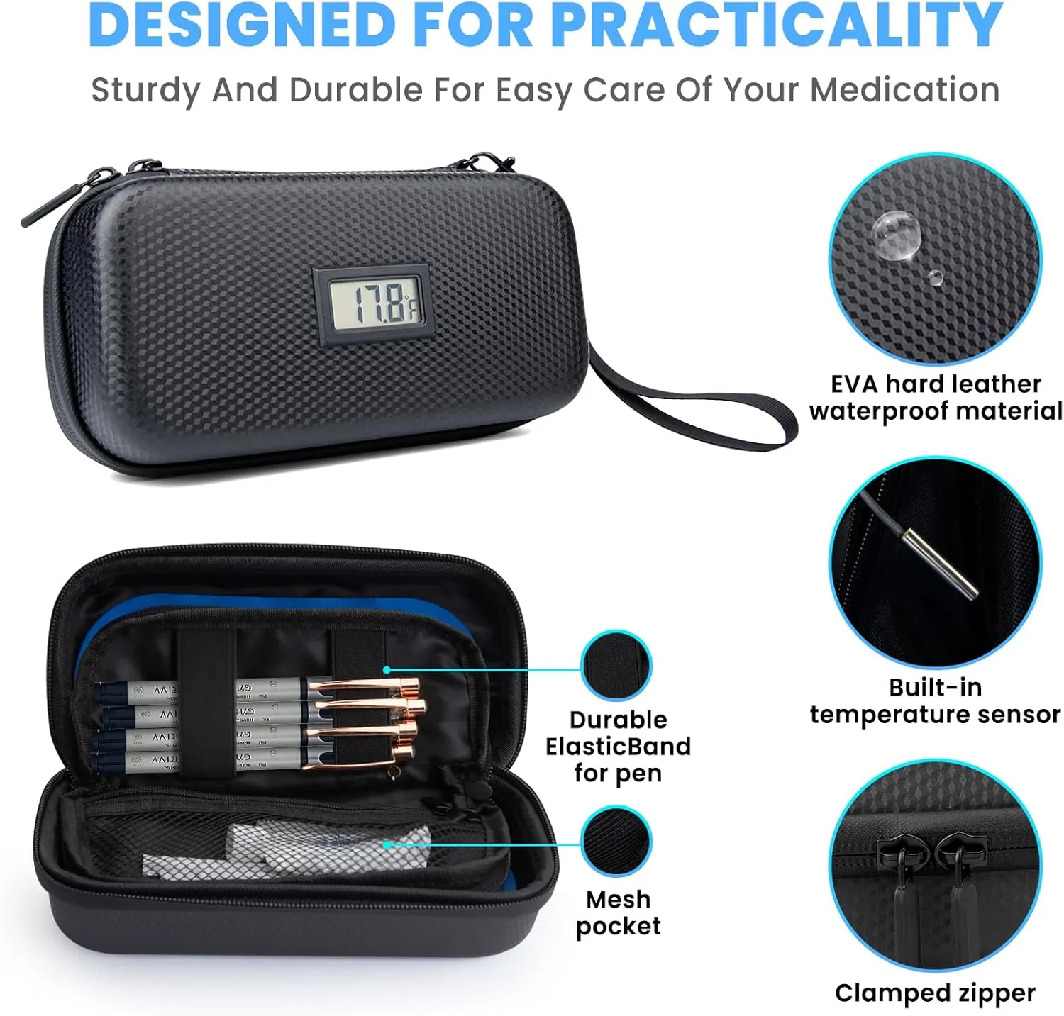 24h Insulin Cooler Travel Case - TSA Approved Medication Diabetic Cooler for Travel with Thermometer Temperature Display Refrigerated Medicine Organizer Bag with 2 Ice Pack