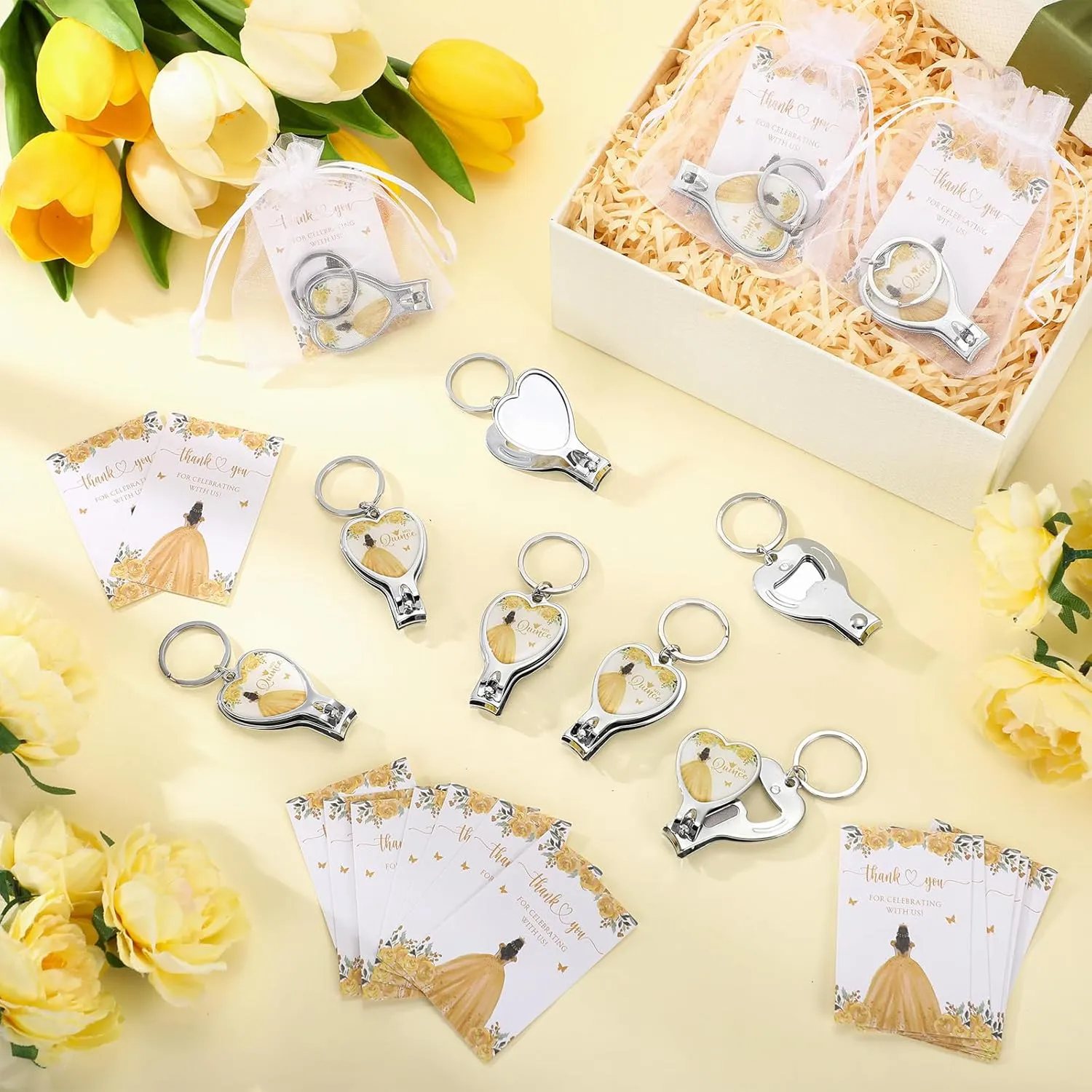 25 Sets 15th Quinceañera Party Favors Includes Quince Keychain Bottle Opener Nail Clipper Thank You Cards Organza Bags for Guests Sweet 15 Birthday Party Adults Souvenirs (Gold)