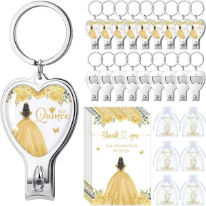 25 Sets 15th Quinceañera Party Favors Includes Quince Keychain Bottle Opener Nail Clipper Thank You Cards Organza Bags for Guests Sweet 15 Birthday Party Adults Souvenirs (Gold)