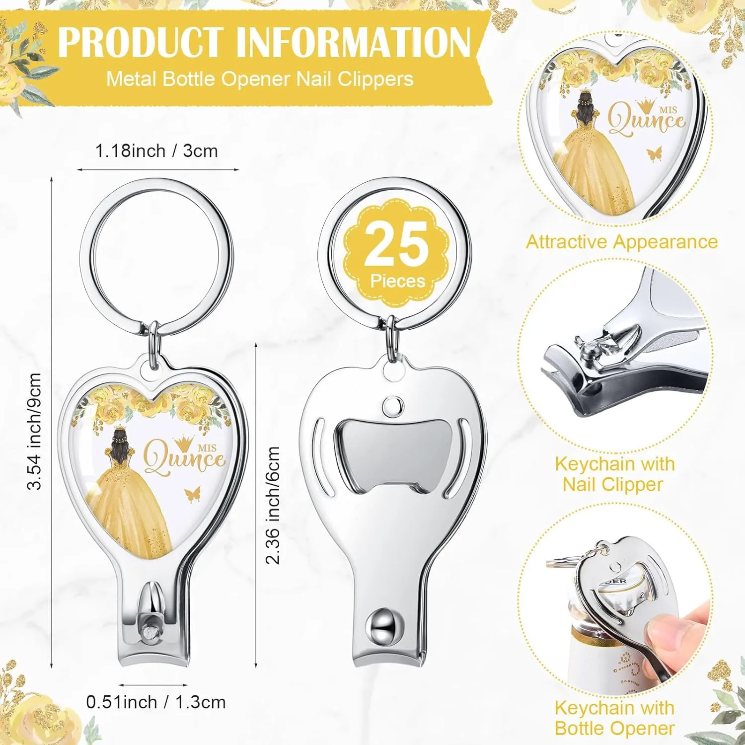 25 Sets 15th Quinceañera Party Favors Includes Quince Keychain Bottle Opener Nail Clipper Thank You Cards Organza Bags for Guests Sweet 15 Birthday Party Adults Souvenirs (Gold)