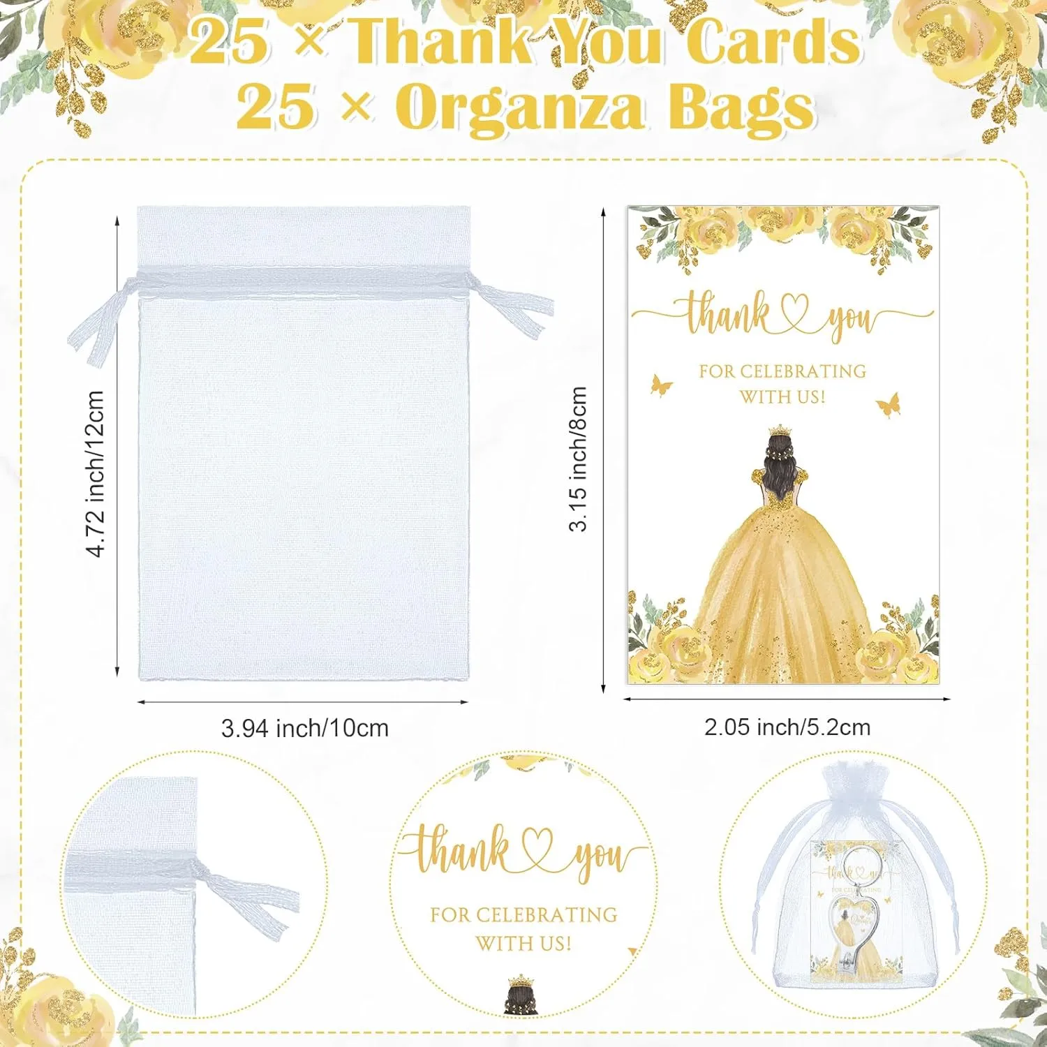 25 Sets 15th Quinceañera Party Favors Includes Quince Keychain Bottle Opener Nail Clipper Thank You Cards Organza Bags for Guests Sweet 15 Birthday Party Adults Souvenirs (Gold)