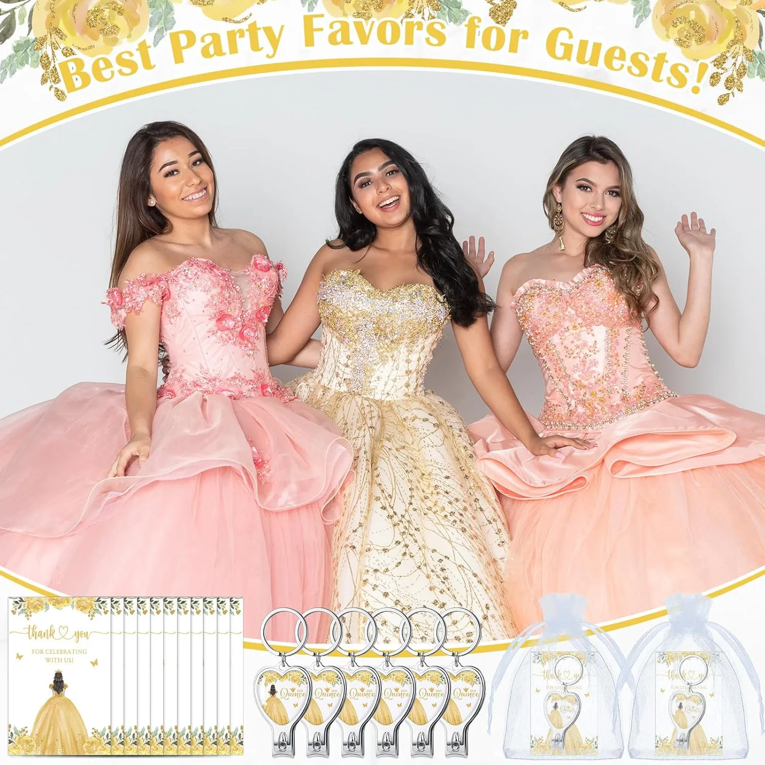 25 Sets 15th Quinceañera Party Favors Includes Quince Keychain Bottle Opener Nail Clipper Thank You Cards Organza Bags for Guests Sweet 15 Birthday Party Adults Souvenirs (Gold)