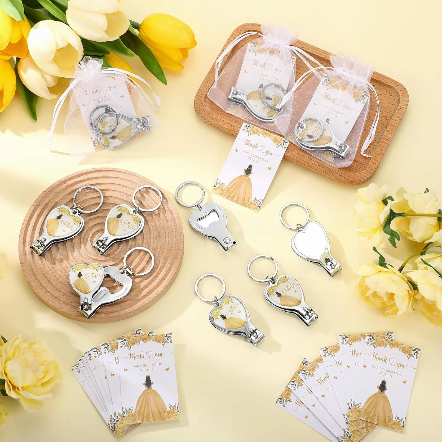 25 Sets 15th Quinceañera Party Favors Includes Quince Keychain Bottle Opener Nail Clipper Thank You Cards Organza Bags for Guests Sweet 15 Birthday Party Adults Souvenirs (Gold)