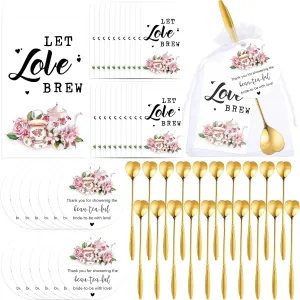 25 Sets Bridal Shower Tea Party Favors for Guests Heart Spoon Kraft Paper Envelopes for Tea with Thank You Cards and Organza Bags Wedding Souvenir Gifts
