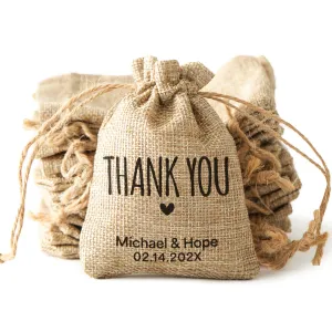 25PCS Personalized Jute Wedding Favor Bags, Handcrafted Rustic Drawstring Gift Bags for Weddings, Baby Showers & Special Events, Vintage Eco-friendly Burlap Pouches with Custom Print,3 Sizes Available