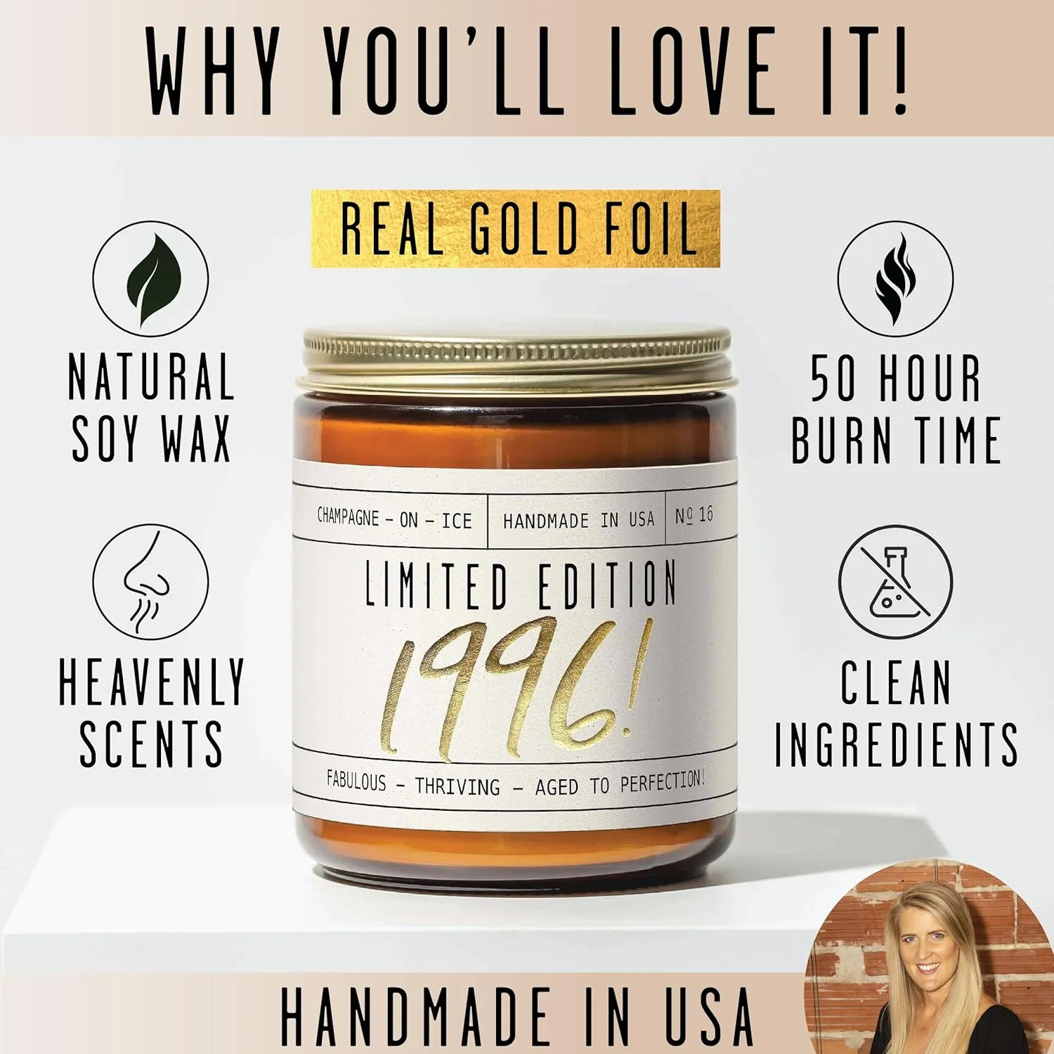 29th Birthday Gifts for Women - 'Limited Edition 1996' Soy Candle, w/Champagne on Ice I 29 Birthday Gifts for Women I 29st Birthday Gift for Her Ideas I 9oz Reusable Jar, 50Hr Burn, Made in USA
